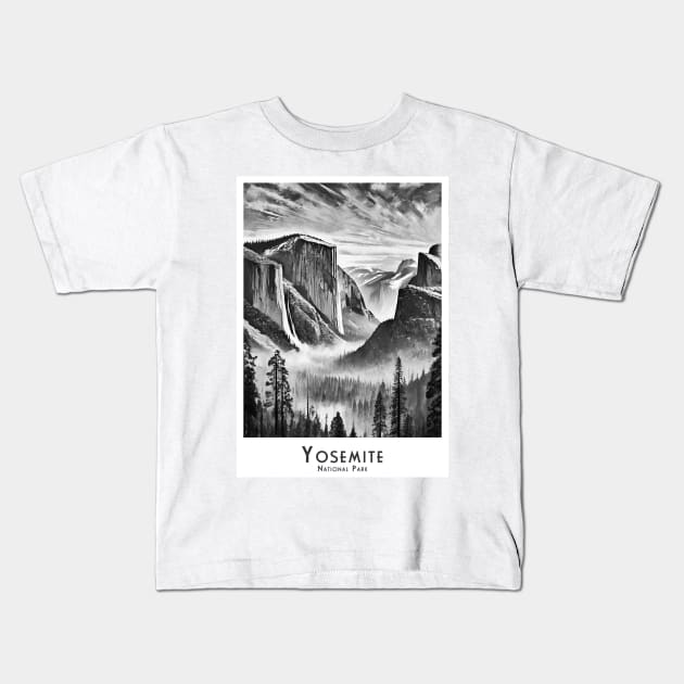 Yosemite National Park California in Black and White Kids T-Shirt by POD24